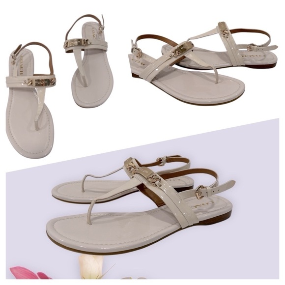 Coach Caterine T-Strap Thong Sandals Ivory patent leather size 9.5 B - Picture 1 of 12